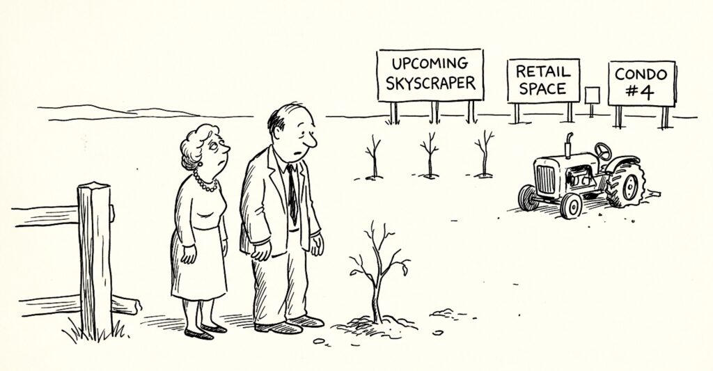 A middle aged man and woman stand in an arid landscape with 4 failed crops and a tractor. Sings are in the background "Upcoming skyscraper". "RETAIL SPACE" and "Condo #4"