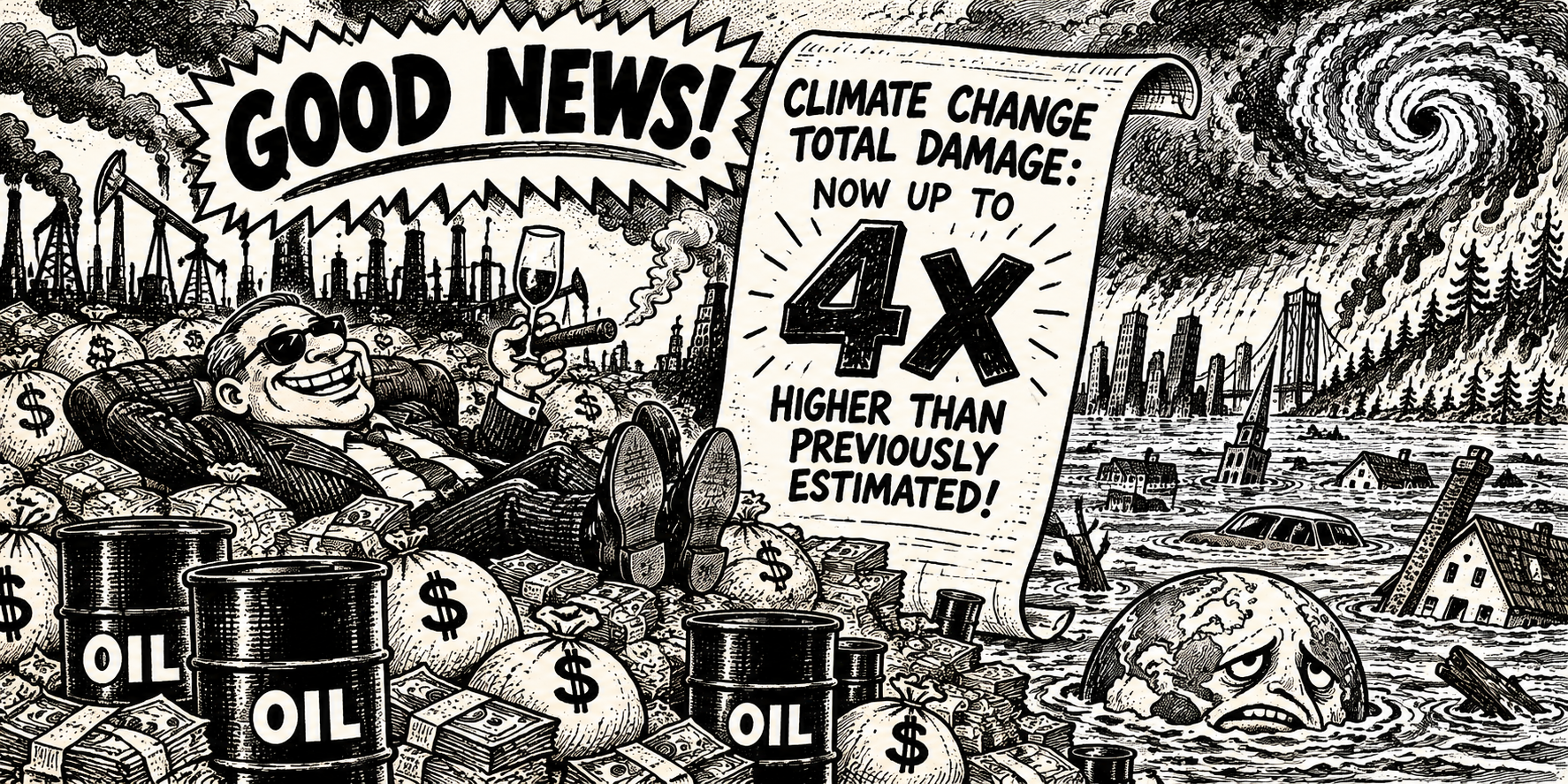 GOOD NEWS! CLIMATE CHANGE NOW UP TO FOUR TIMES MORE EXPENSIVE THAN PREVIOUSLY ADVERTISED… AND THE OIL INDUSTRY KNEW ENOUGH TO WORRY ABOUT ITS PROFITS!